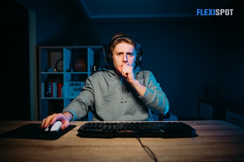 Gamers wearing headsets sit at the table at home in the evening and play online games on computers and streaming media. Games at night in your spare time. The game is like work.