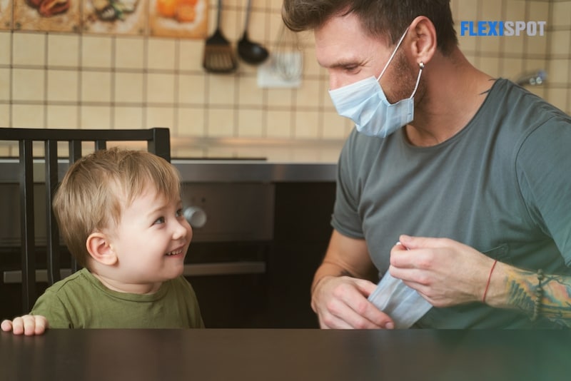 Concept virus protection measures. Dad teaches son