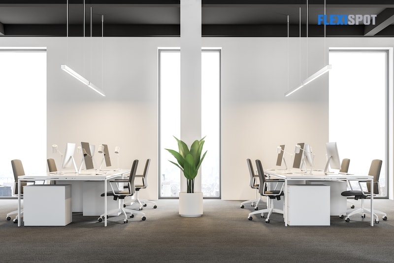 Side view of a modern international corporation office with white walls, and white computer desks standing in rows. Industrial style. Black ceiling. 3d rendering mock up