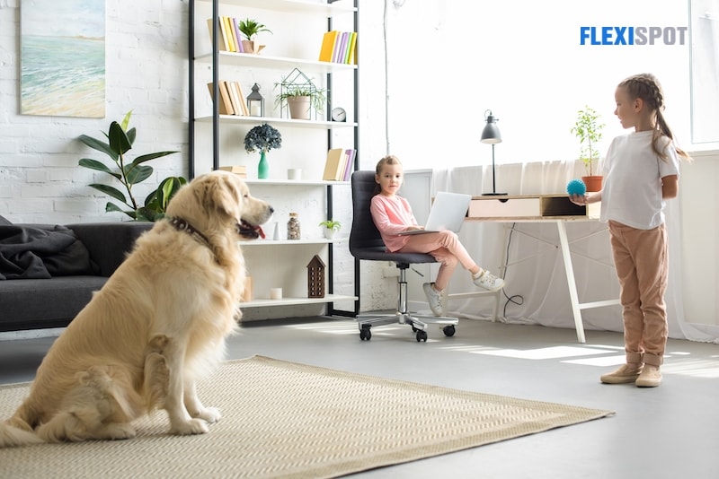 Little child playing with golden retriever dog and sister with laptop sitting at table at home